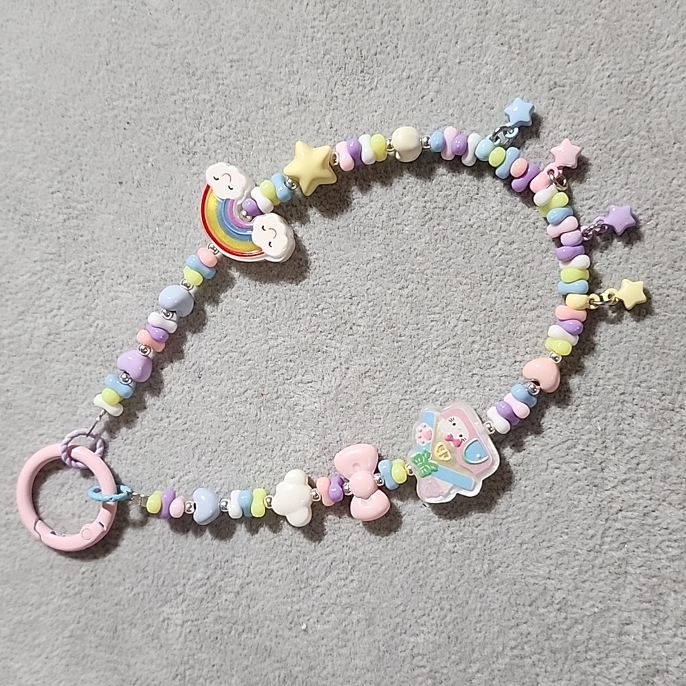 Pastel Rainbow Phone Charm 🌈 Kawaii Beaded Keychain Y2K Cute Strap Sanrio Style